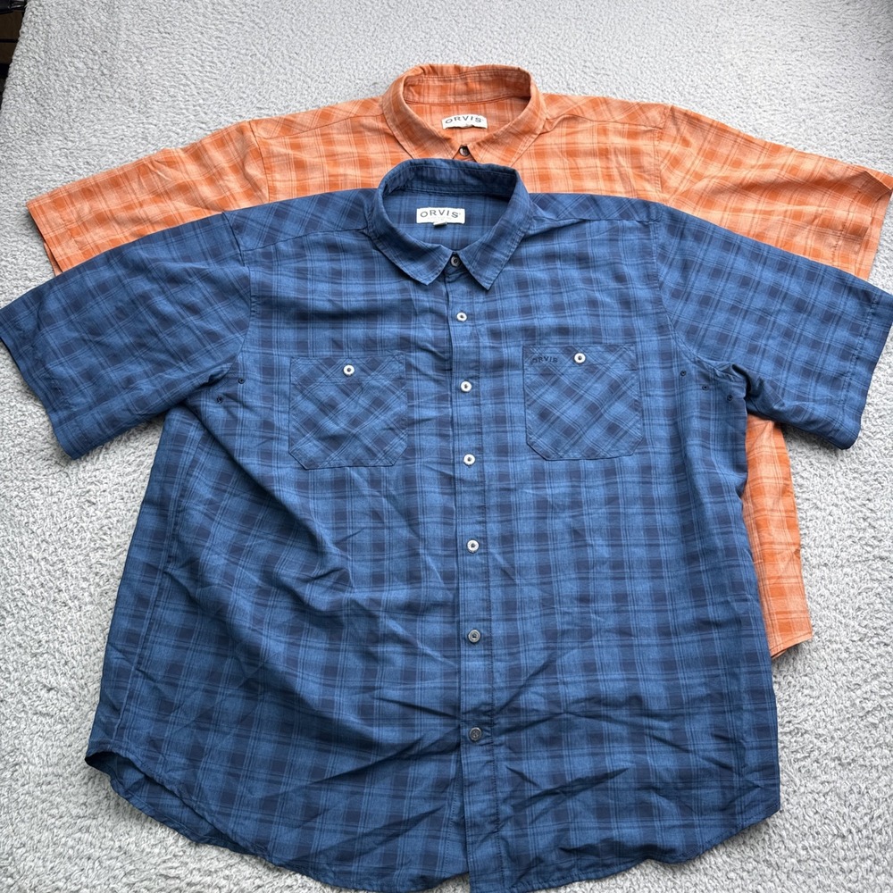 Orvis Fishing Shirt Mens XXL Blue Orange Plaid 2-Pack Short Sleeve Pockets P4891